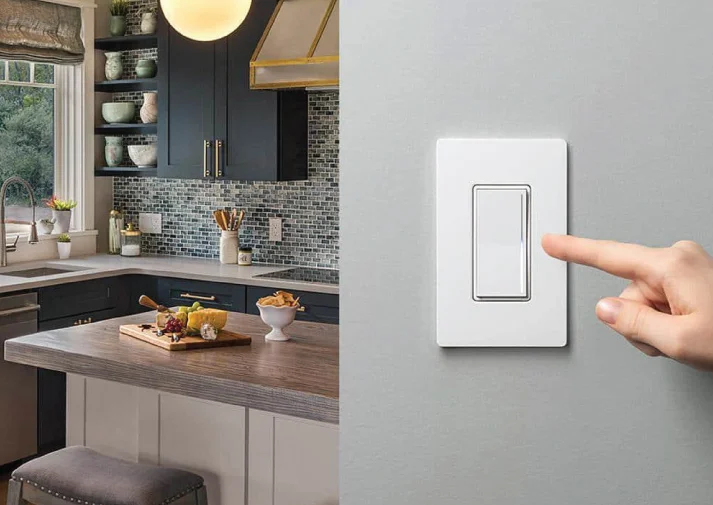 Screw-less wall lighting control plate being operated with a single finger, controlling an entire kitchens lighting.